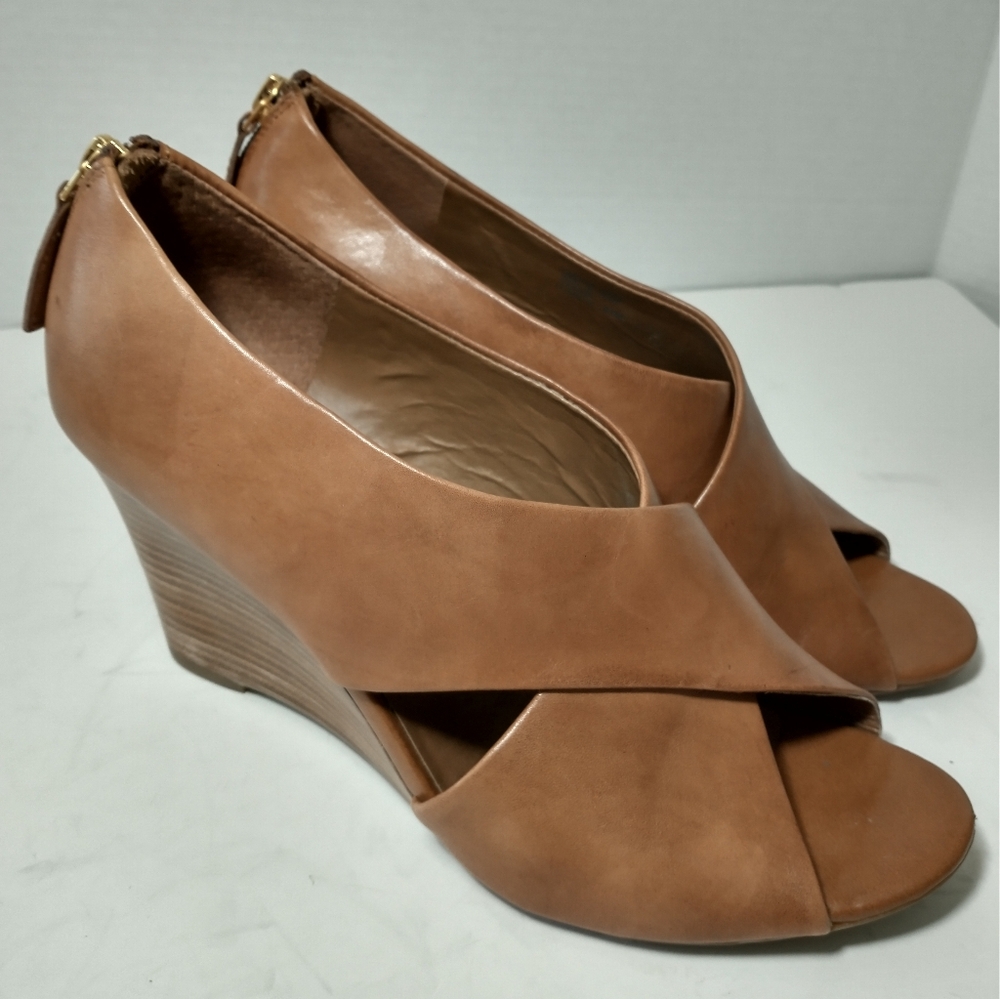 Franco Sarto Brown Leather Peep-Toe Wedge Sandals, Size 8.5, Summer Wedding